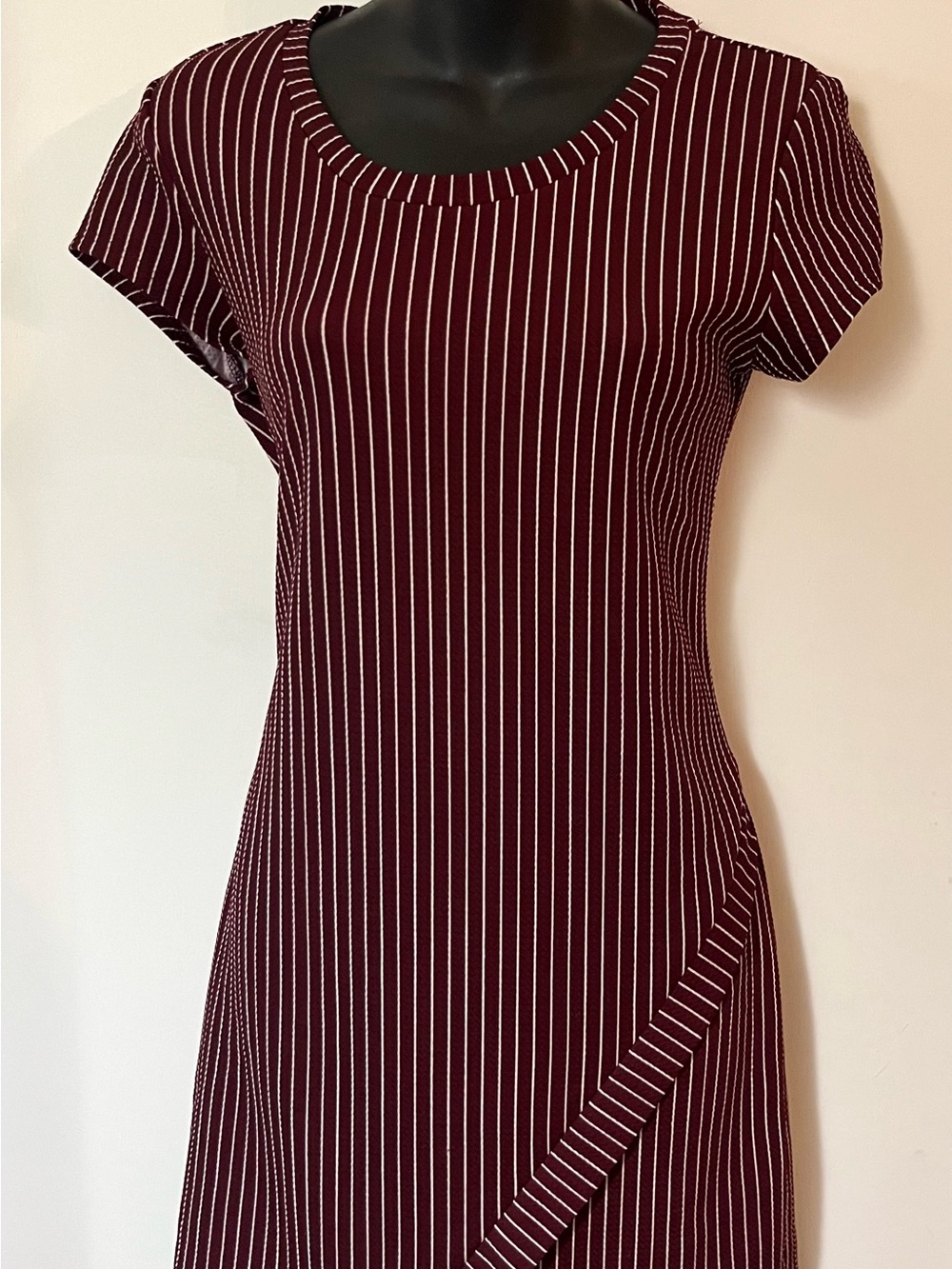 Women’s Burgundy Pinstripe Midi Dress with Short Sleeves